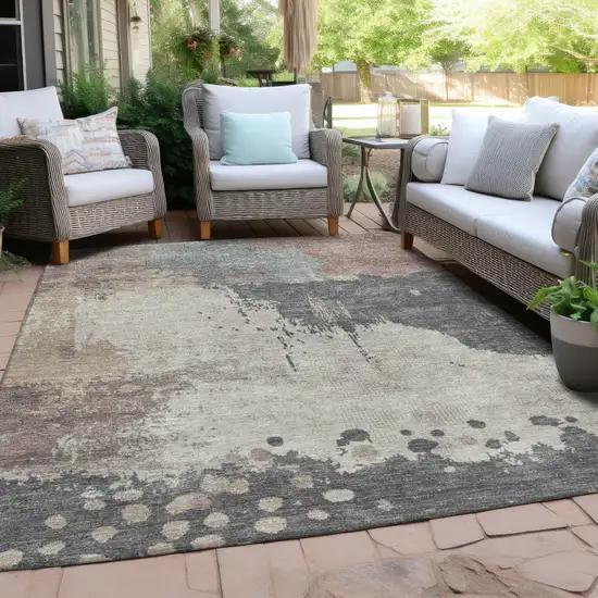 Khaki Charcoal And Ivory Abstract Washable Indoor Outdoor Area Rug Photo 3