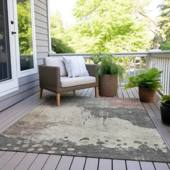 Khaki Charcoal And Ivory Abstract Washable Indoor Outdoor Area Rug Photo 7