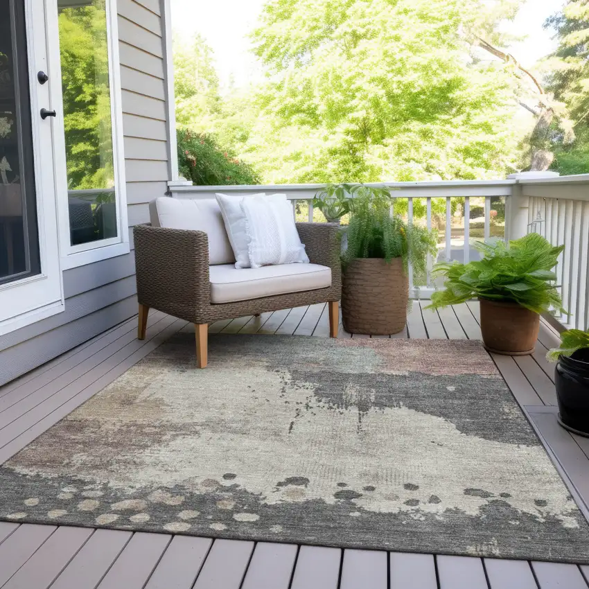Khaki Charcoal And Ivory Abstract Washable Indoor Outdoor Area Rug Photo 7