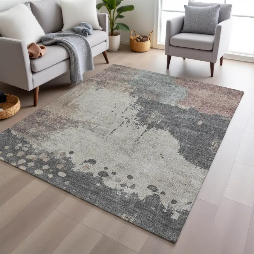 Khaki Charcoal And Ivory Abstract Washable Indoor Outdoor Area Rug Photo 5
