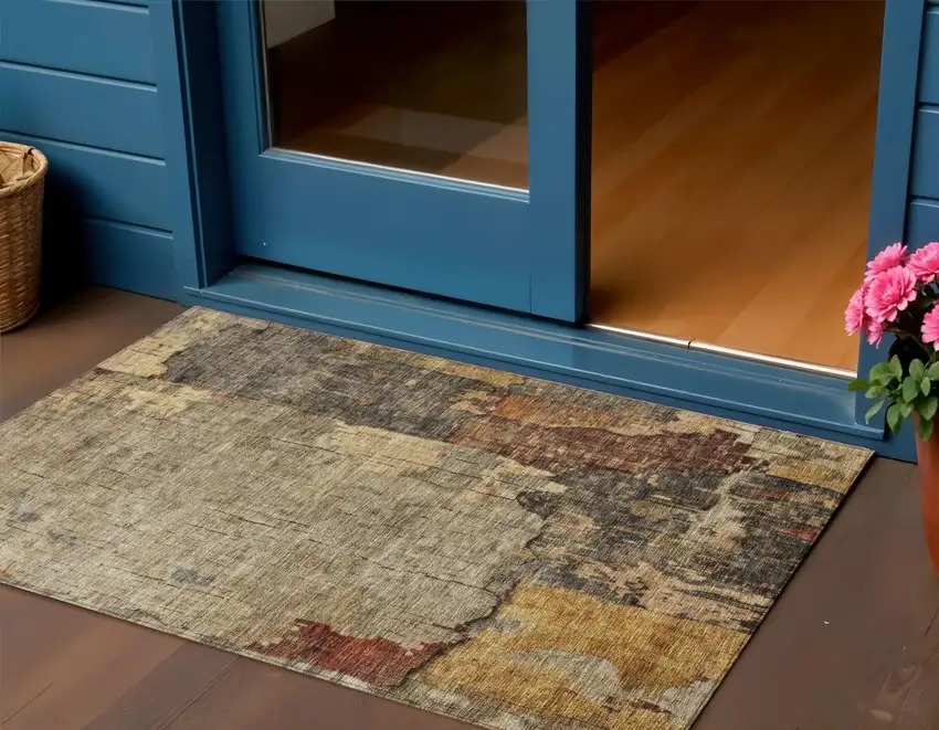 Khaki Charcoal And Terra Cotta Abstract Washable Indoor Outdoor Area Rug Photo 1