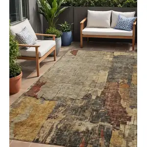 Photo of Khaki Charcoal And Terra Cotta Abstract Washable Indoor Outdoor Area Rug