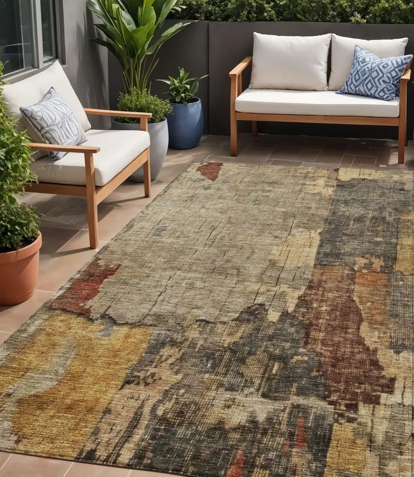 Khaki Charcoal And Terra Cotta Abstract Washable Indoor Outdoor Area Rug Photo 1