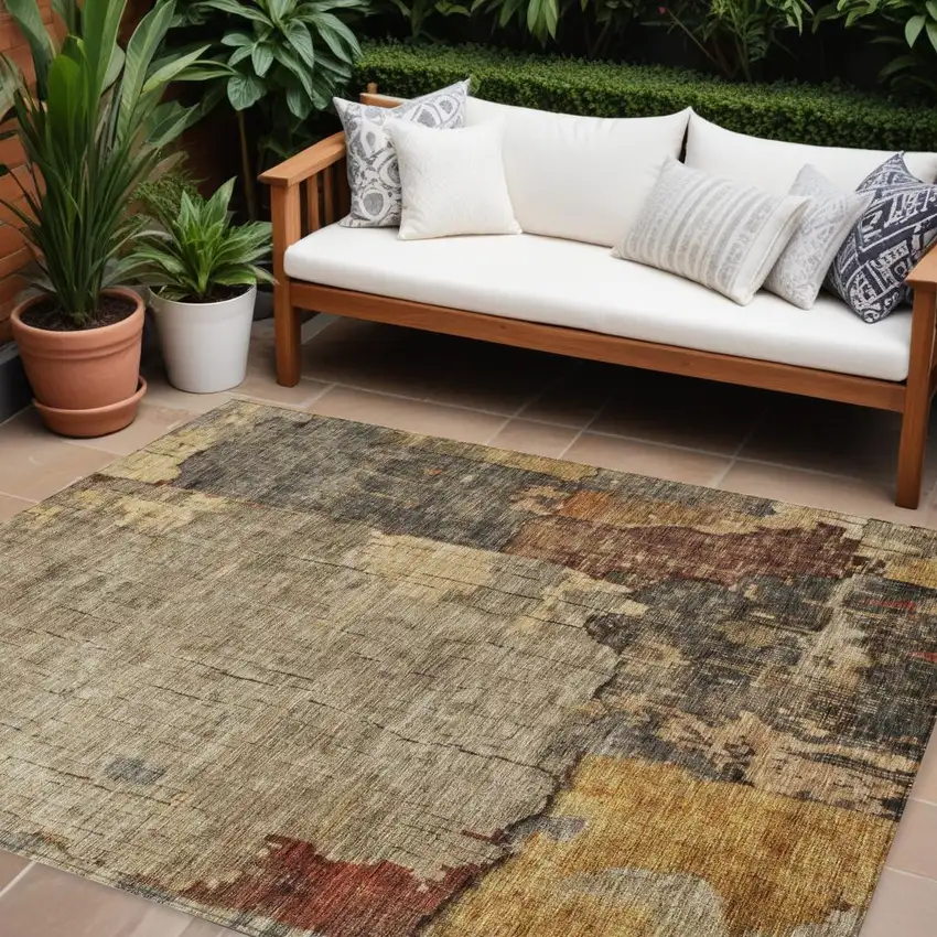 Khaki Charcoal And Terra Cotta Abstract Washable Indoor Outdoor Area Rug Photo 1
