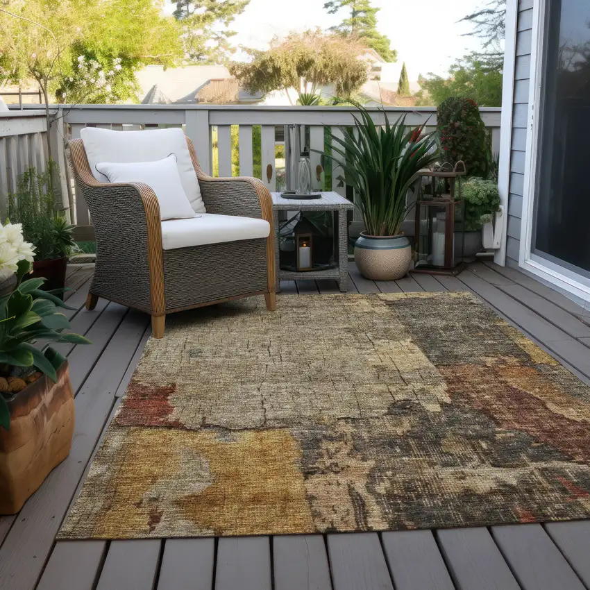 Khaki Charcoal And Terra Cotta Abstract Washable Indoor Outdoor Area Rug Photo 8