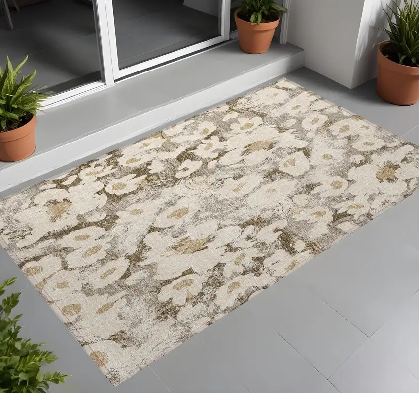Khaki Floral Washable Non Skid Indoor Outdoor Area Rug Photo 1