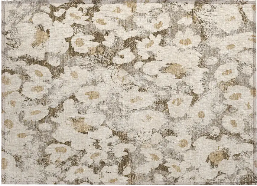 Khaki Floral Washable Non Skid Indoor Outdoor Area Rug Photo 2