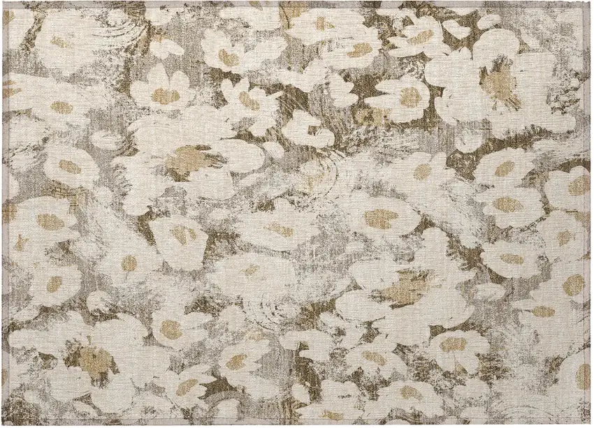 Khaki Floral Washable Non Skid Indoor Outdoor Area Rug Photo 5