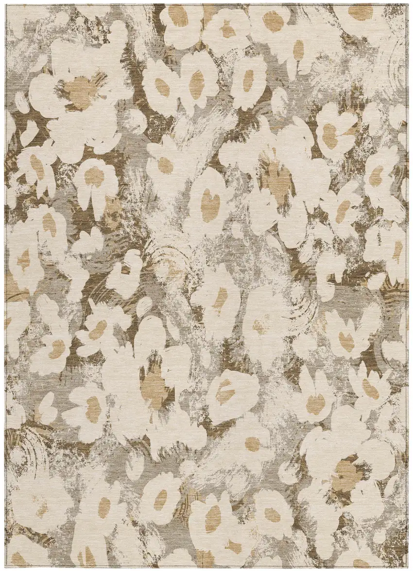 Khaki Floral Washable Non Skid Indoor Outdoor Area Rug Photo 4