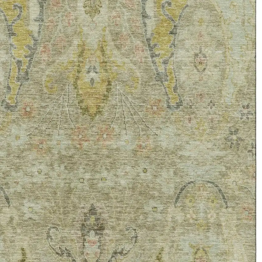 Khaki Gold And Beige Floral Washable Area Rug With UV Protection Photo 3