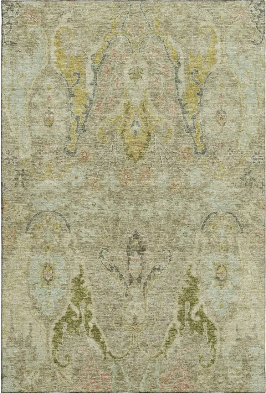 Khaki Gold And Beige Floral Washable Area Rug With UV Protection Photo 1