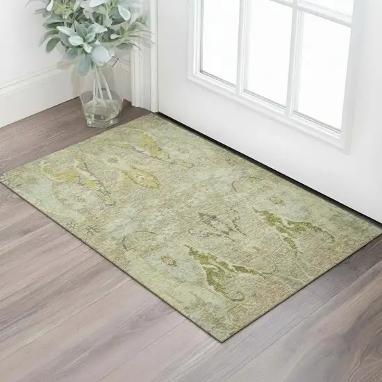 Khaki Gold And Beige Floral Washable Area Rug With UV Protection Photo 2