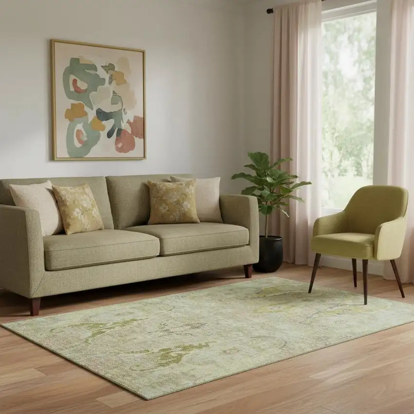 Khaki Gold And Beige Floral Washable Area Rug With UV Protection Photo 2