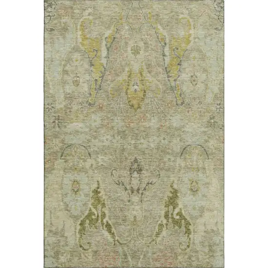 Khaki Gold And Beige Floral Washable Area Rug With UV Protection Photo 1