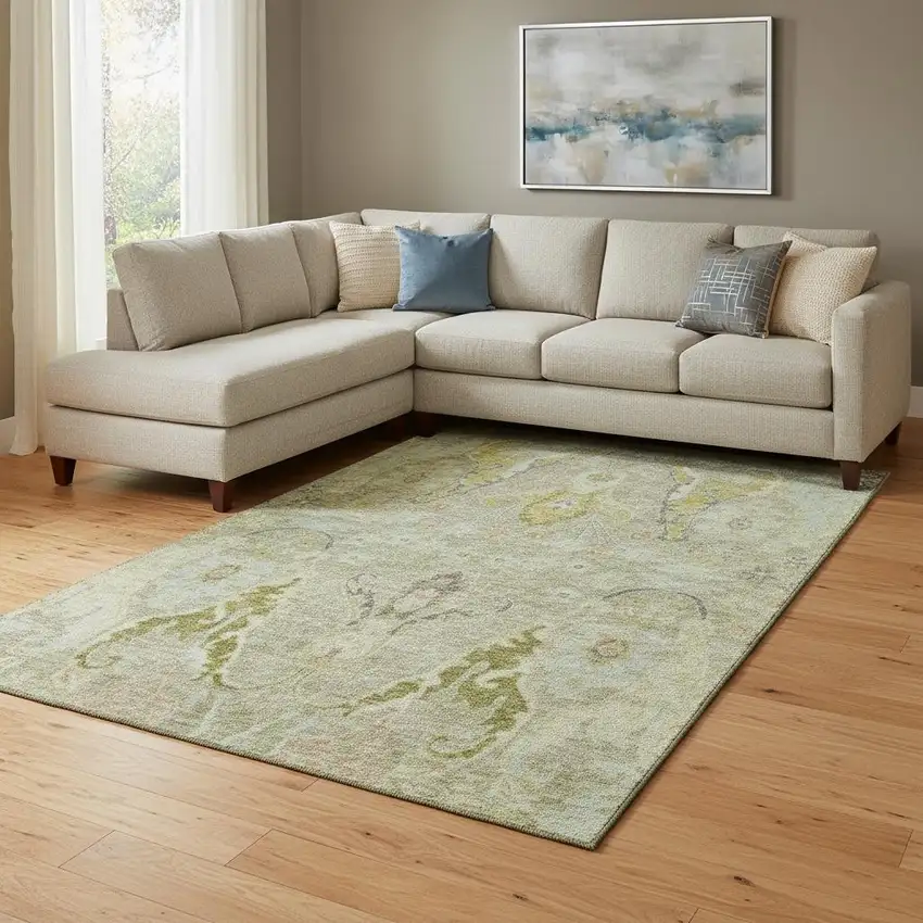 Khaki Gold And Beige Floral Washable Area Rug With UV Protection Photo 2