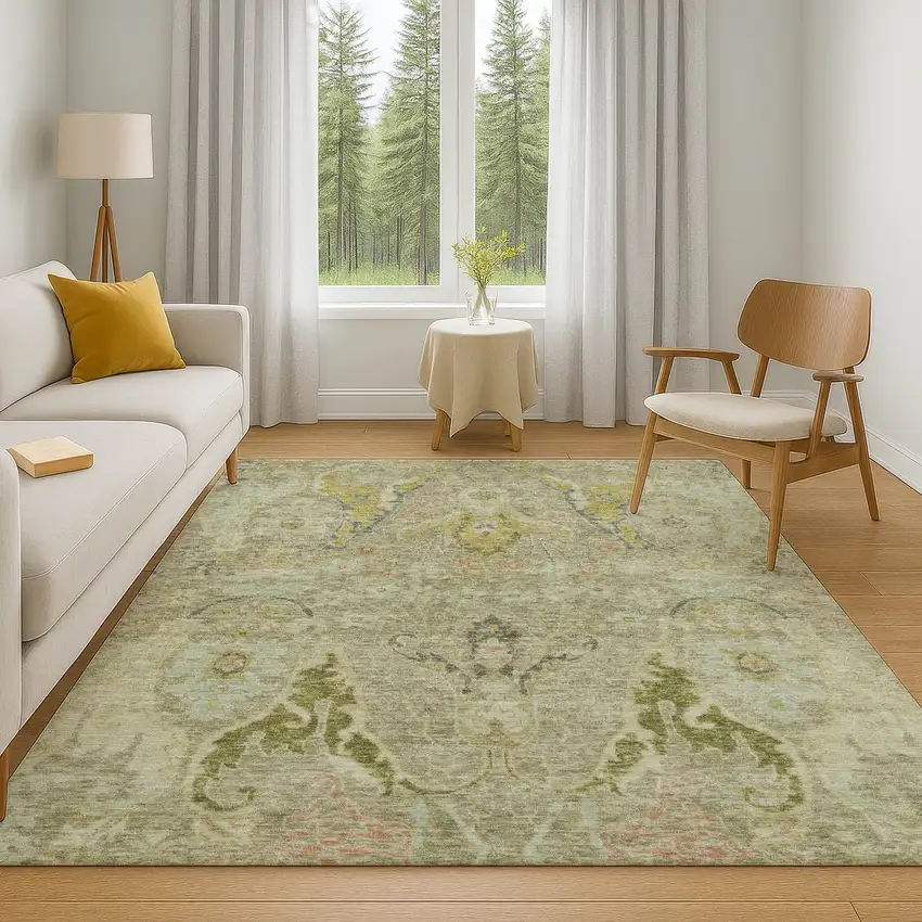 Khaki Gold And Beige Floral Washable Area Rug With UV Protection Photo 6