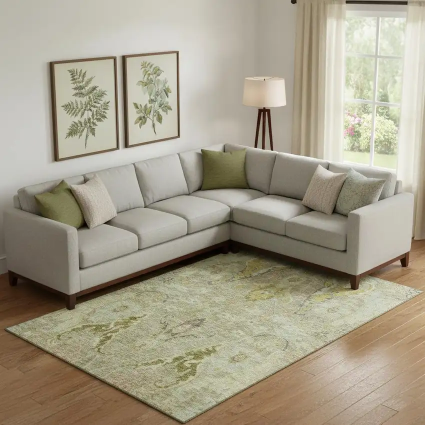 Khaki Gold And Beige Floral Washable Area Rug With UV Protection Photo 2