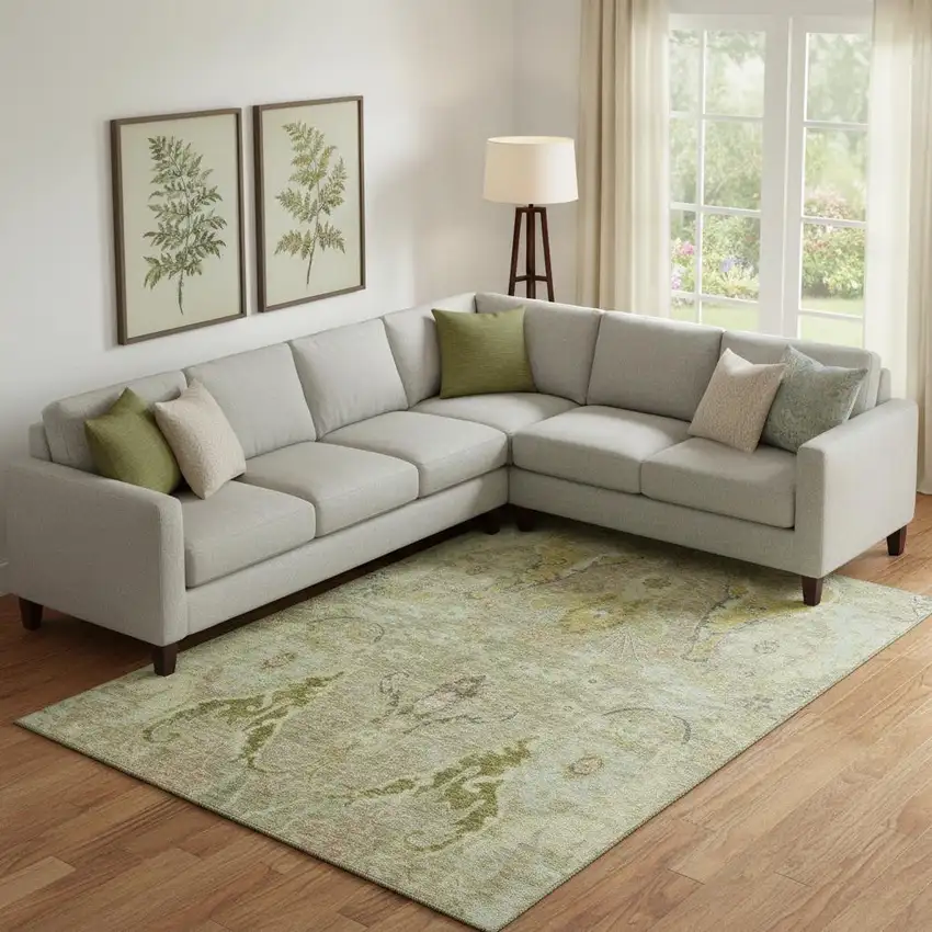 Khaki Gold And Beige Floral Washable Area Rug With UV Protection Photo 2