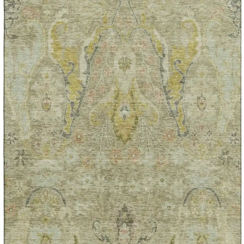 Khaki Gold And Beige Floral Washable Area Rug With UV Protection Photo 4