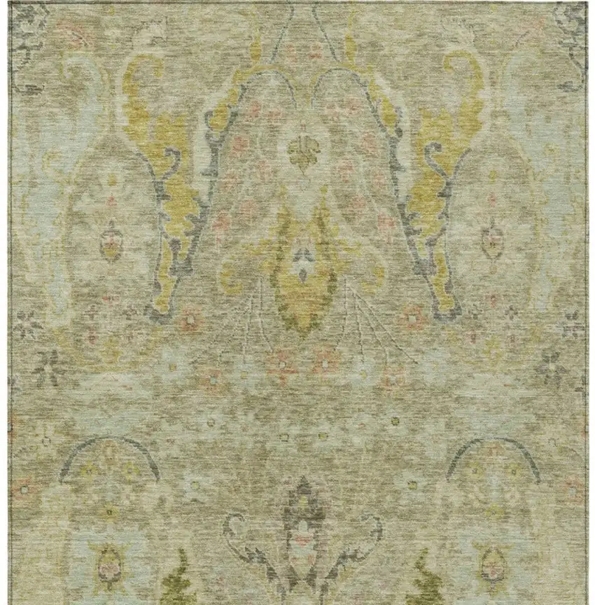 Khaki Gold And Beige Floral Washable Indoor Outdoor Area Rug Photo 6