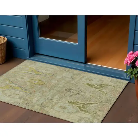 Khaki Gold And Beige Floral Washable Indoor Outdoor Area Rug Photo 2