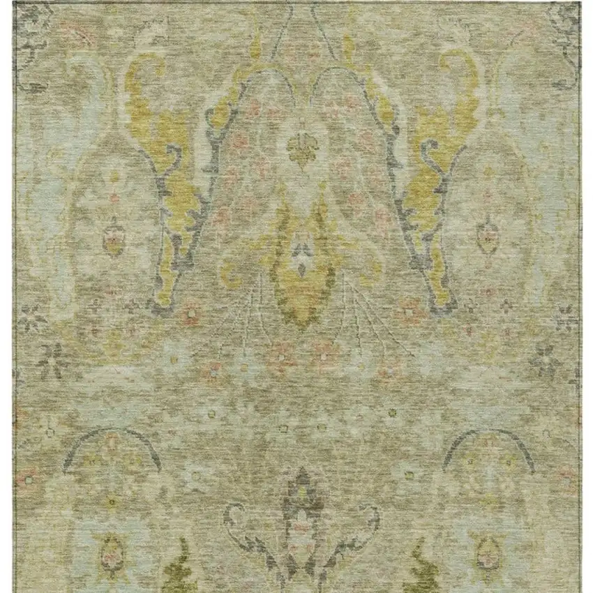 Khaki Gold And Beige Floral Washable Indoor Outdoor Area Rug Photo 4