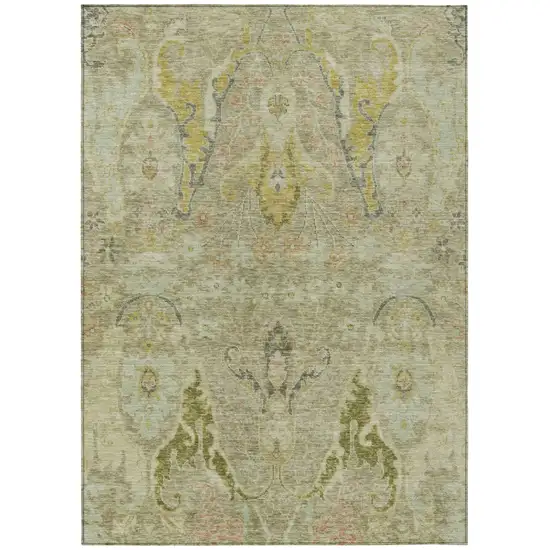 Khaki Gold And Beige Floral Washable Indoor Outdoor Area Rug Photo 1