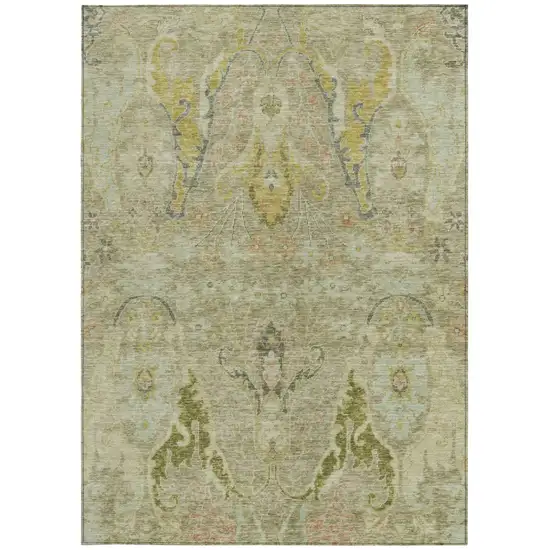 Khaki Gold And Beige Floral Washable Indoor Outdoor Area Rug Photo 3