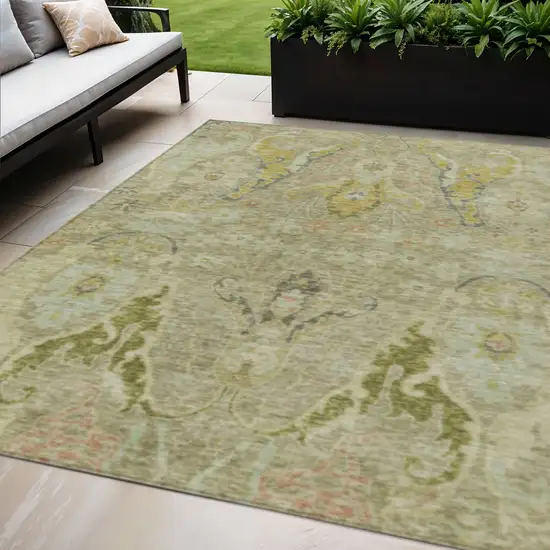 Khaki Gold And Beige Floral Washable Indoor Outdoor Area Rug Photo 2