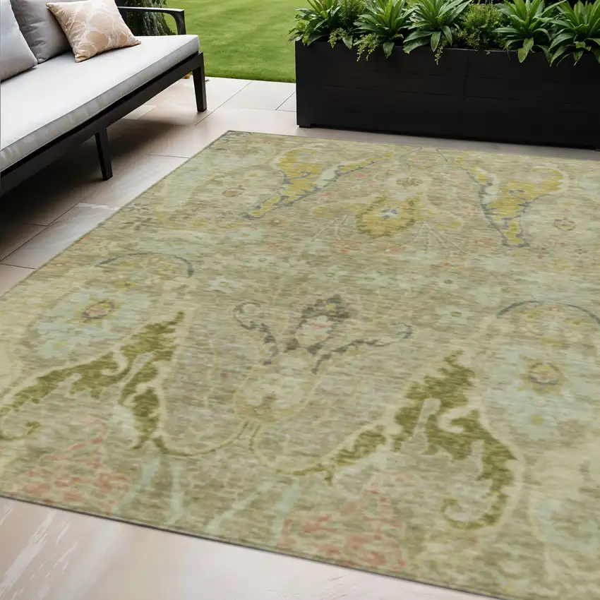 Khaki Gold And Beige Floral Washable Indoor Outdoor Area Rug Photo 2