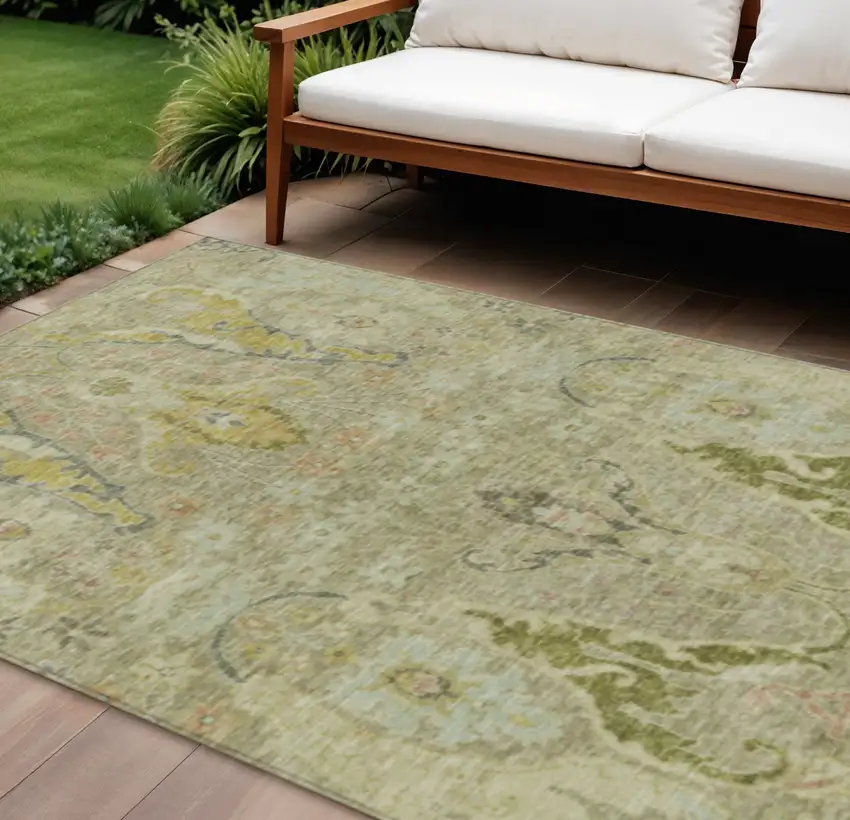 Khaki Gold And Beige Floral Washable Indoor Outdoor Area Rug Photo 2