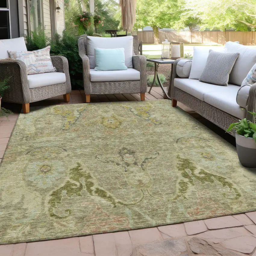 Khaki Gold And Beige Floral Washable Indoor Outdoor Area Rug Photo 5