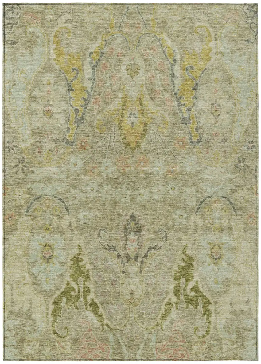 Khaki Gold And Beige Floral Washable Indoor Outdoor Area Rug Photo 1