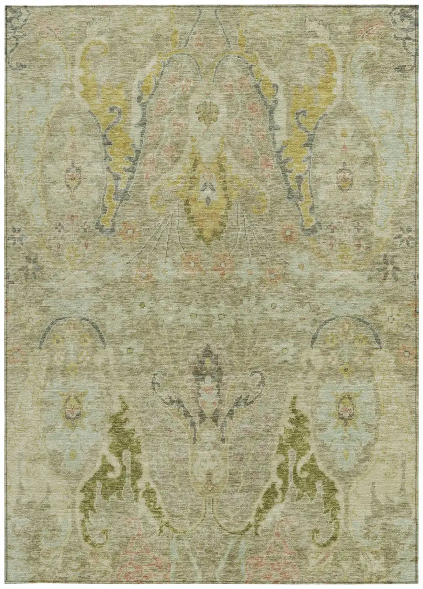 Khaki Gold And Beige Floral Washable Indoor Outdoor Area Rug Photo 3