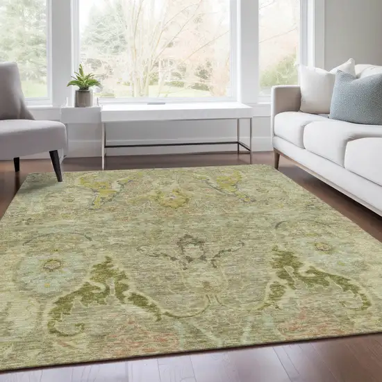 Khaki Gold And Beige Floral Washable Indoor Outdoor Area Rug Photo 7