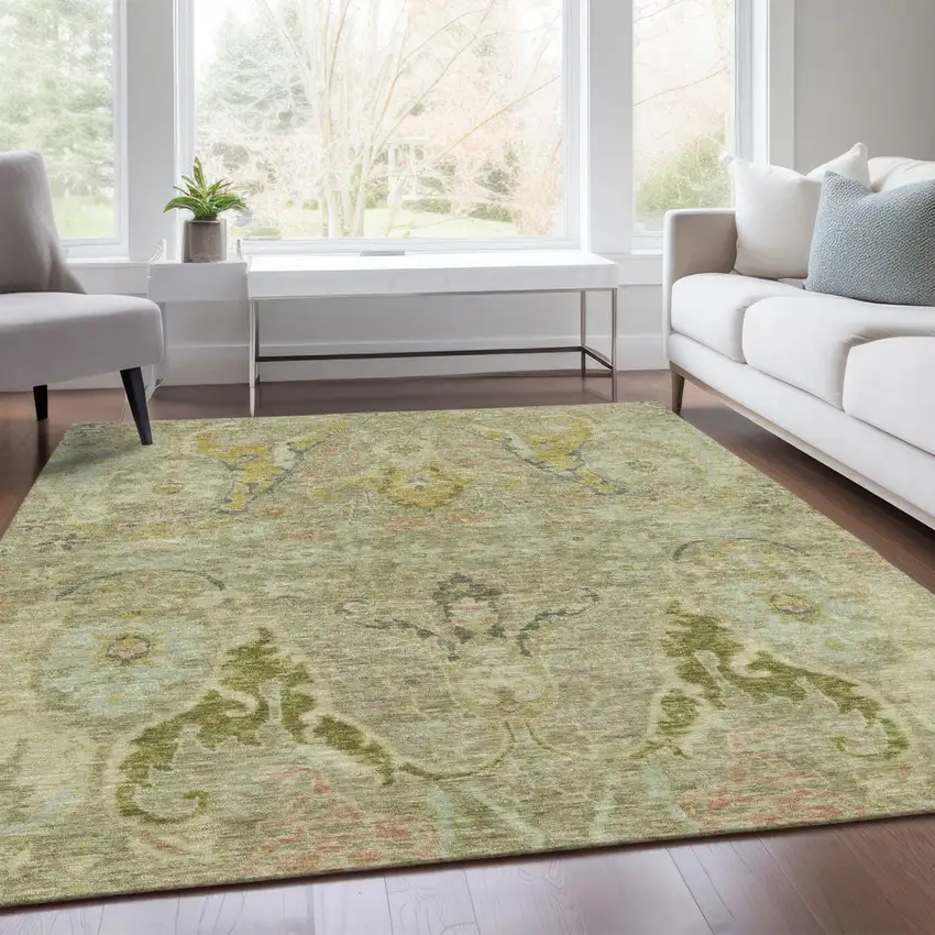 Khaki Gold And Beige Floral Washable Indoor Outdoor Area Rug Photo 7