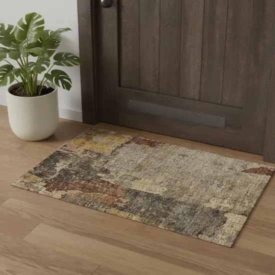 Khaki Gold And Blue Abstract Washable Area Rug With UV Protection Photo 1