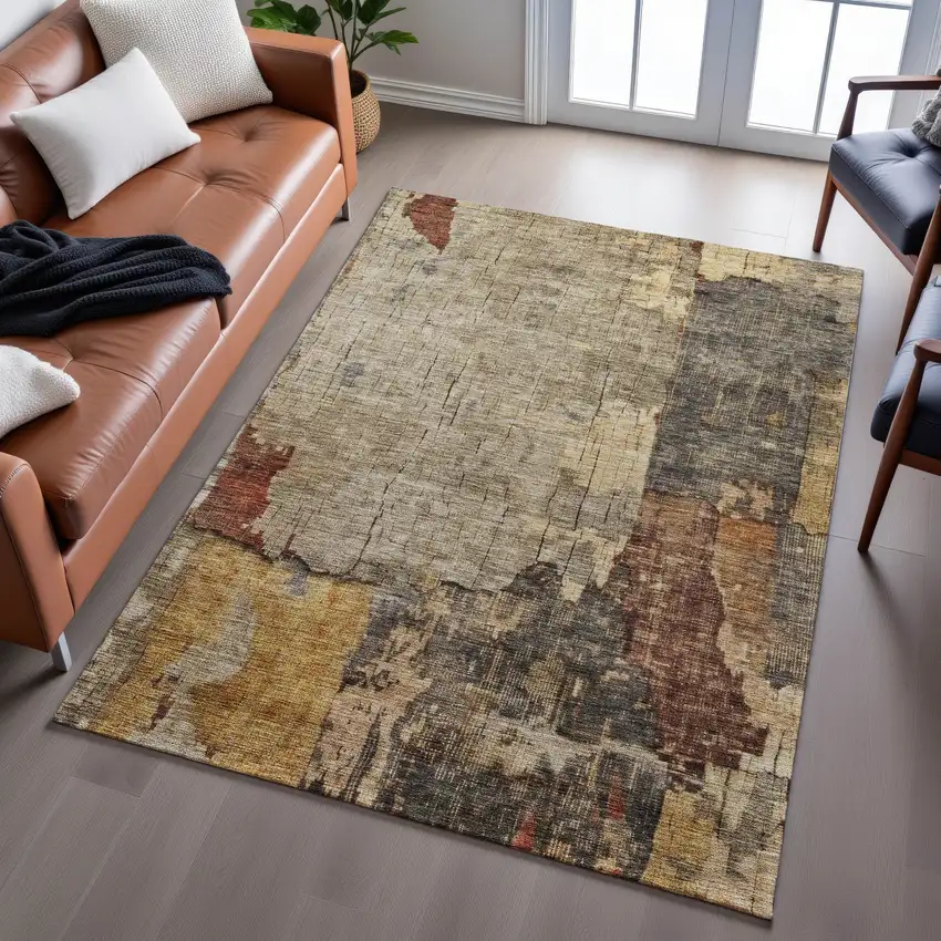 Khaki Gold And Blue Abstract Washable Area Rug With UV Protection Photo 1