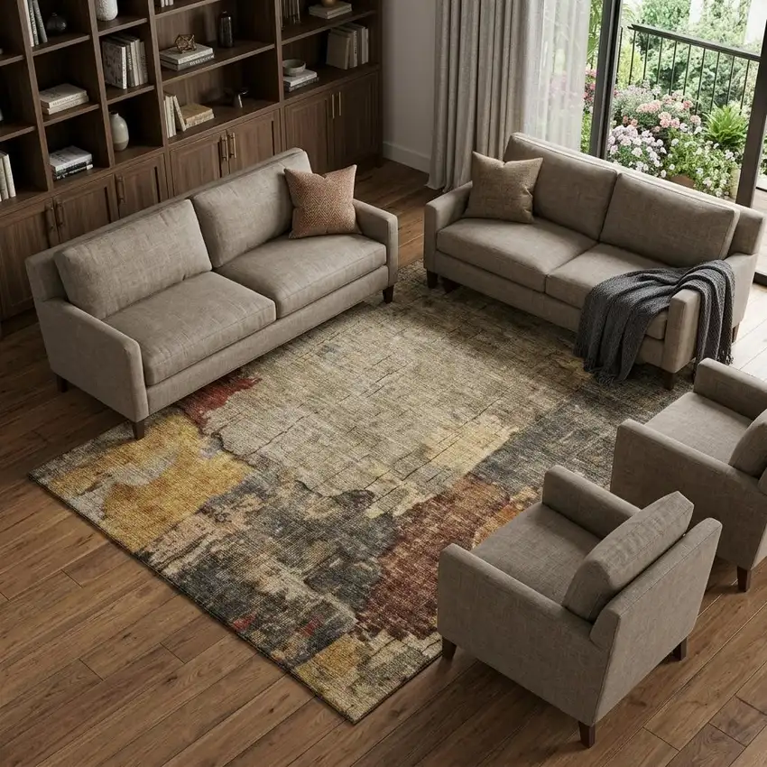 Khaki Gold And Blue Abstract Washable Area Rug With UV Protection Photo 1
