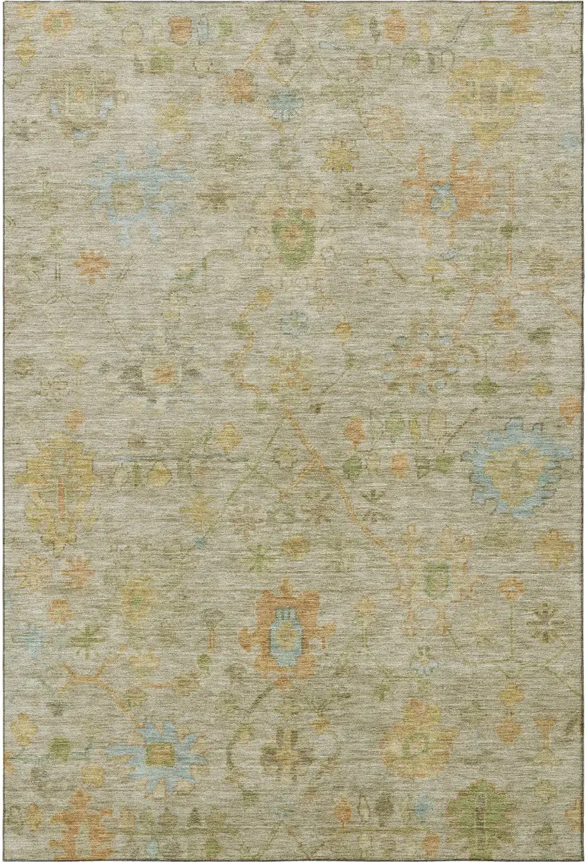 Khaki Gold And Blue Floral Washable Area Rug With UV Protection Photo 4