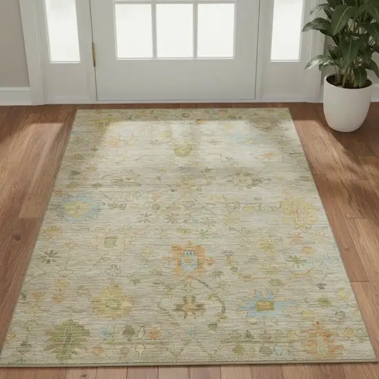 Khaki Gold And Blue Floral Washable Area Rug With UV Protection Photo 2
