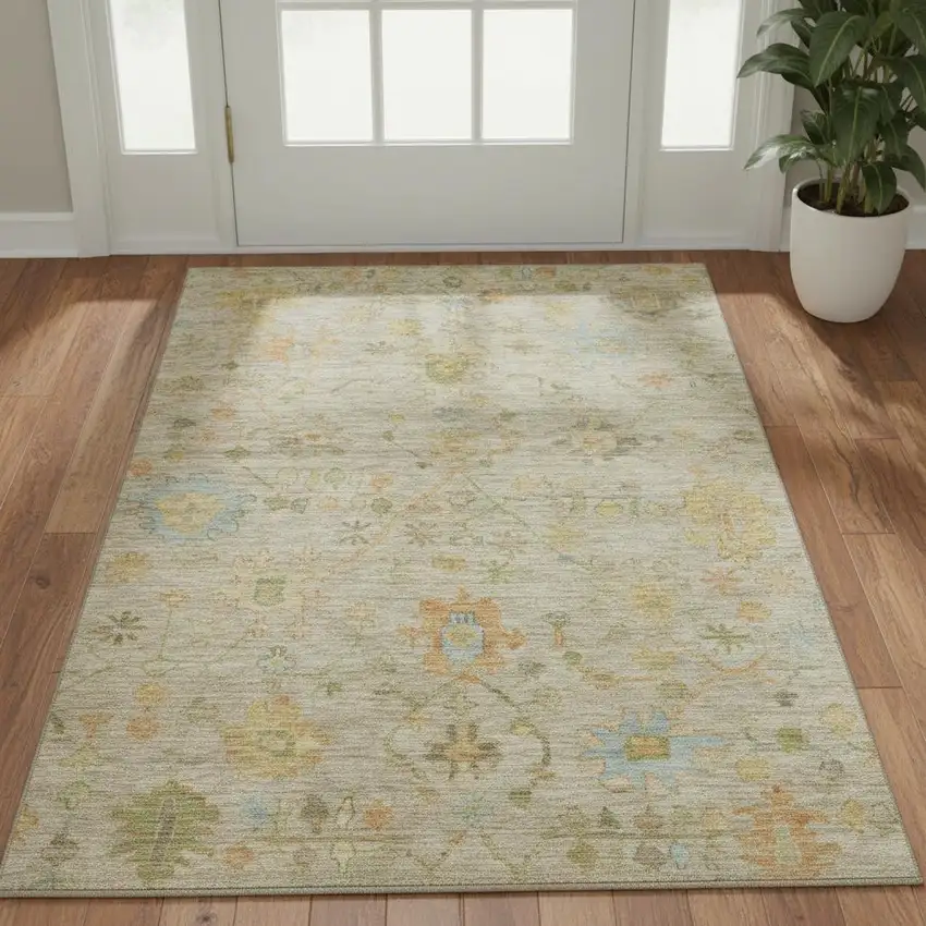 Khaki Gold And Blue Floral Washable Area Rug With UV Protection Photo 2