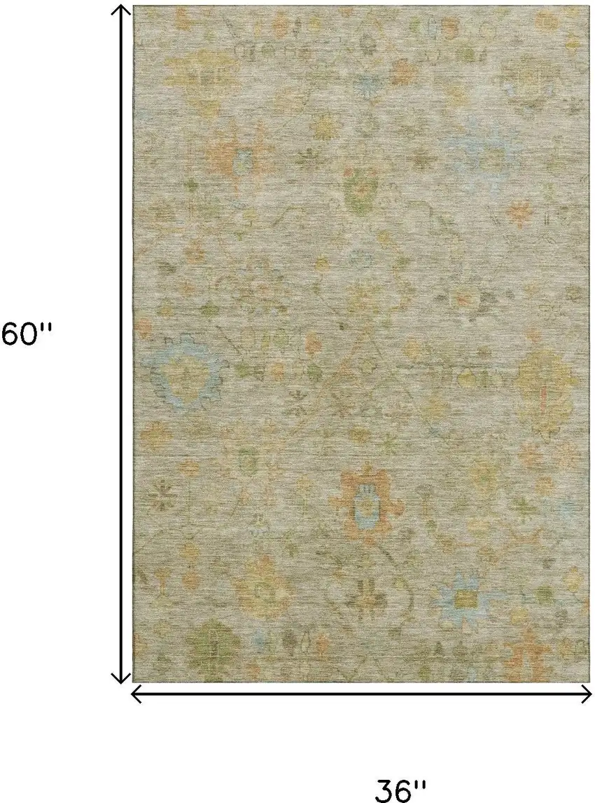 Khaki Gold And Blue Floral Washable Area Rug With UV Protection Photo 9