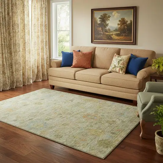 Khaki Gold And Blue Floral Washable Area Rug With UV Protection Photo 2