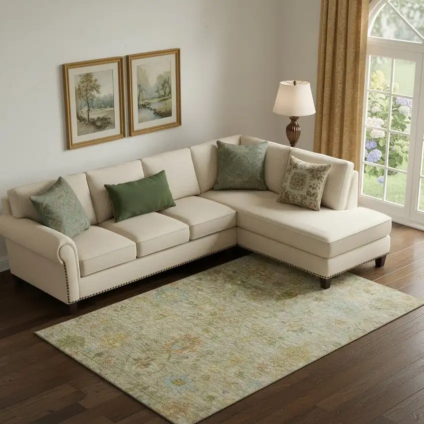 Khaki Gold And Blue Floral Washable Area Rug With UV Protection Photo 2