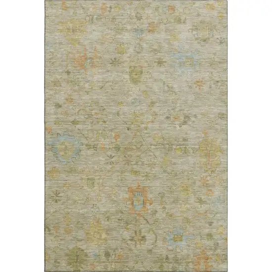 Khaki Gold And Blue Floral Washable Area Rug With UV Protection Photo 1