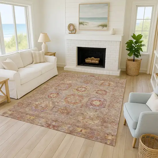 Khaki Gold And Burgundy Medallion Washable Indoor Outdoor Area Rug Photo 9