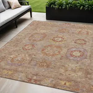 Photo of Khaki Gold And Burgundy Medallion Washable Indoor Outdoor Area Rug