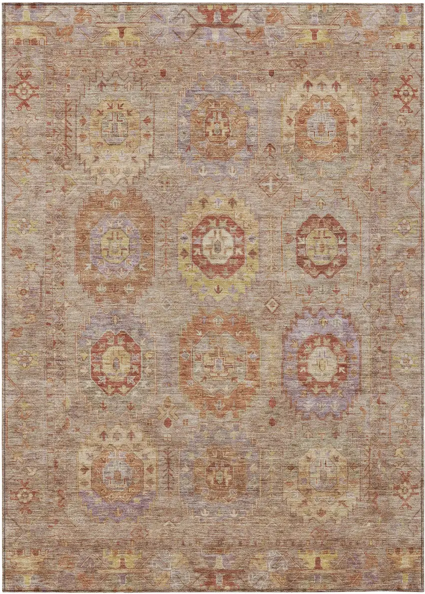 Khaki Gold And Burgundy Medallion Washable Indoor Outdoor Area Rug Photo 2