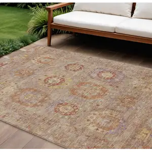 Photo of Khaki Gold And Burgundy Medallion Washable Indoor Outdoor Area Rug